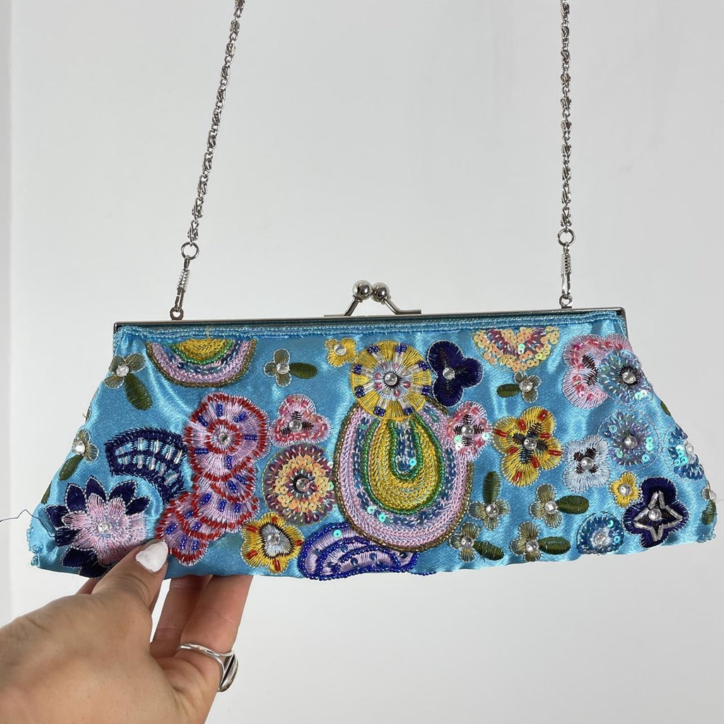 Beaded baby plue clutch bag