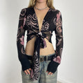 Graphic long-sleeve mesh tie-up top
