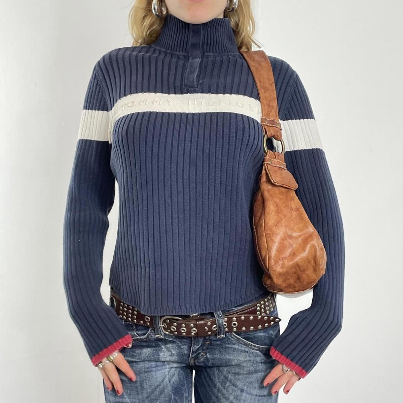 00's navy and white ribbed Tommy Hilfiger spell out button up knit