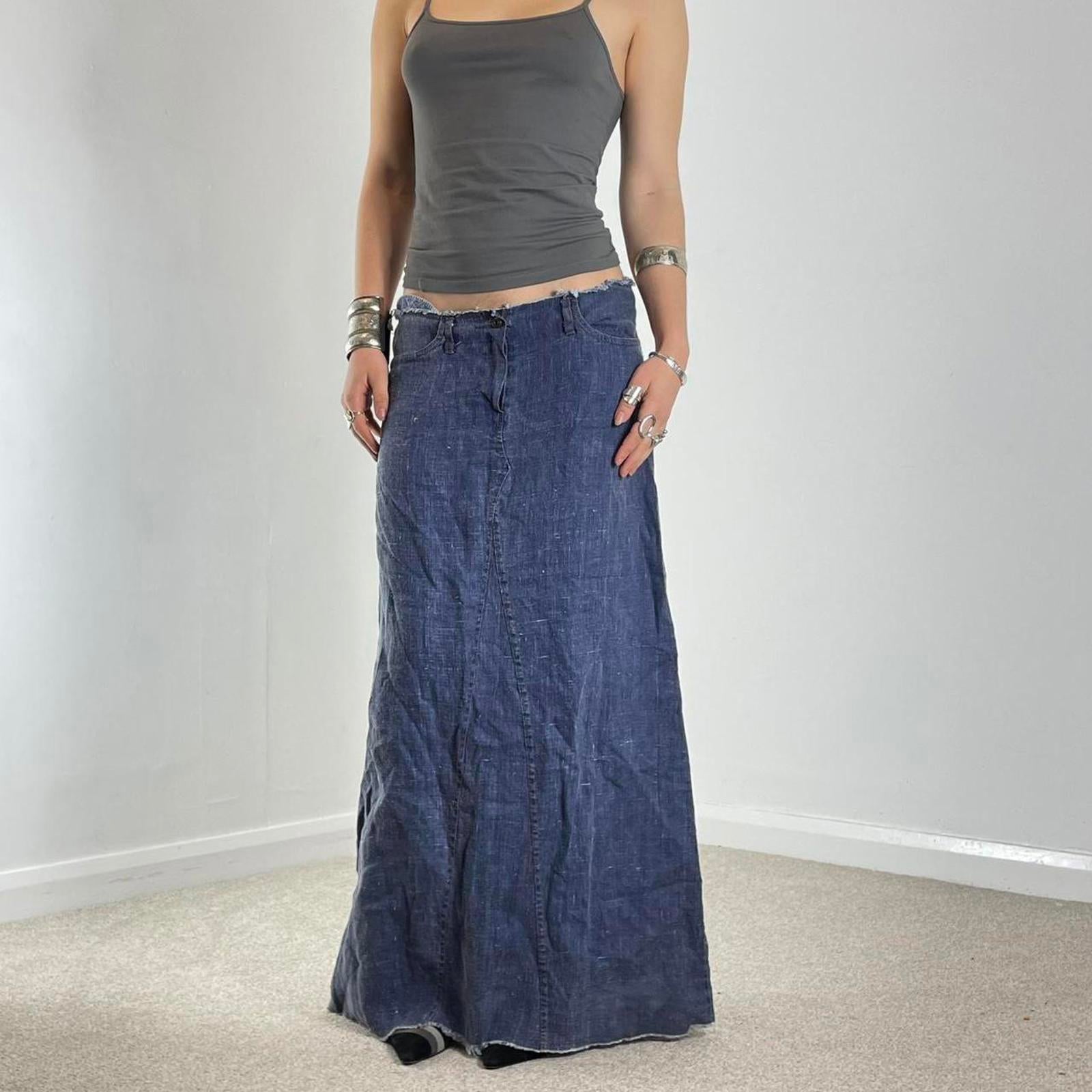 Navy blue loose flowy maxi skirt with a raw hem