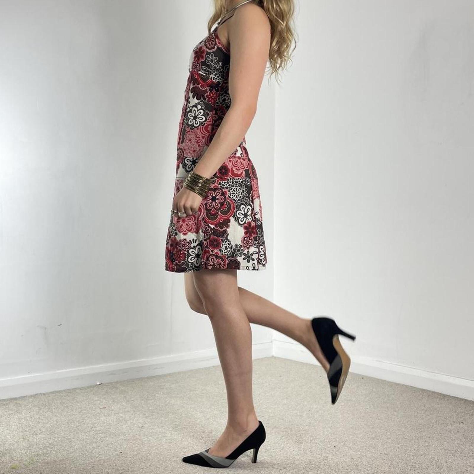 Floral white brown and red patterned mini summer dress