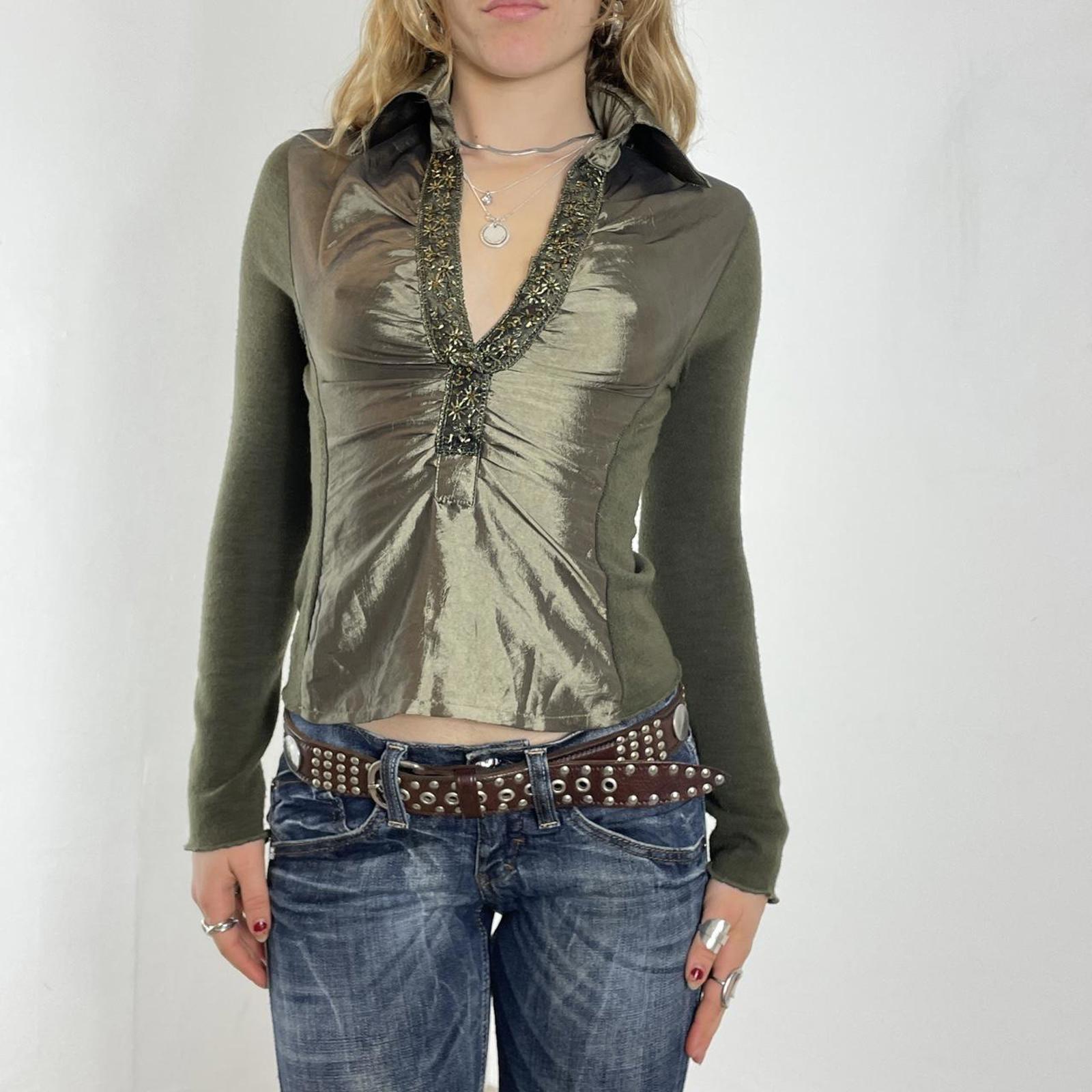 kahki green V - neck silky shirt with embroided details along the neck line and collar