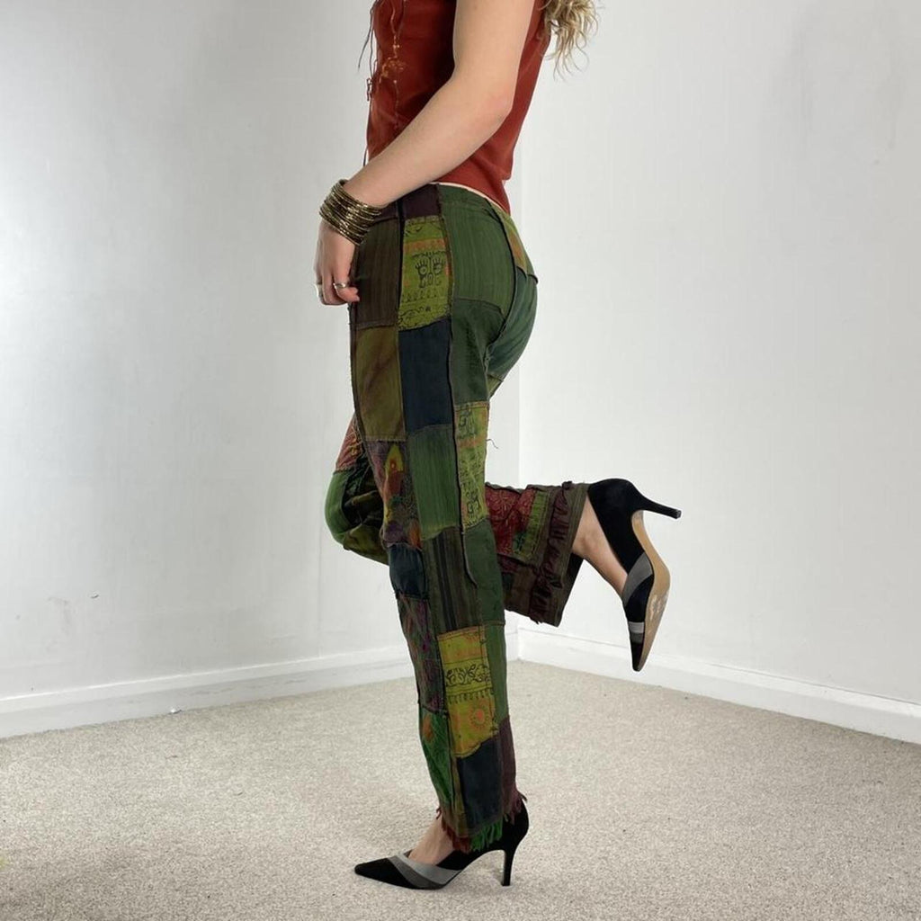 Patchwork low rise flared bohemian trousers