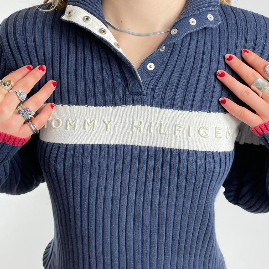 00's navy and white ribbed Tommy Hilfiger spell out button up knit
