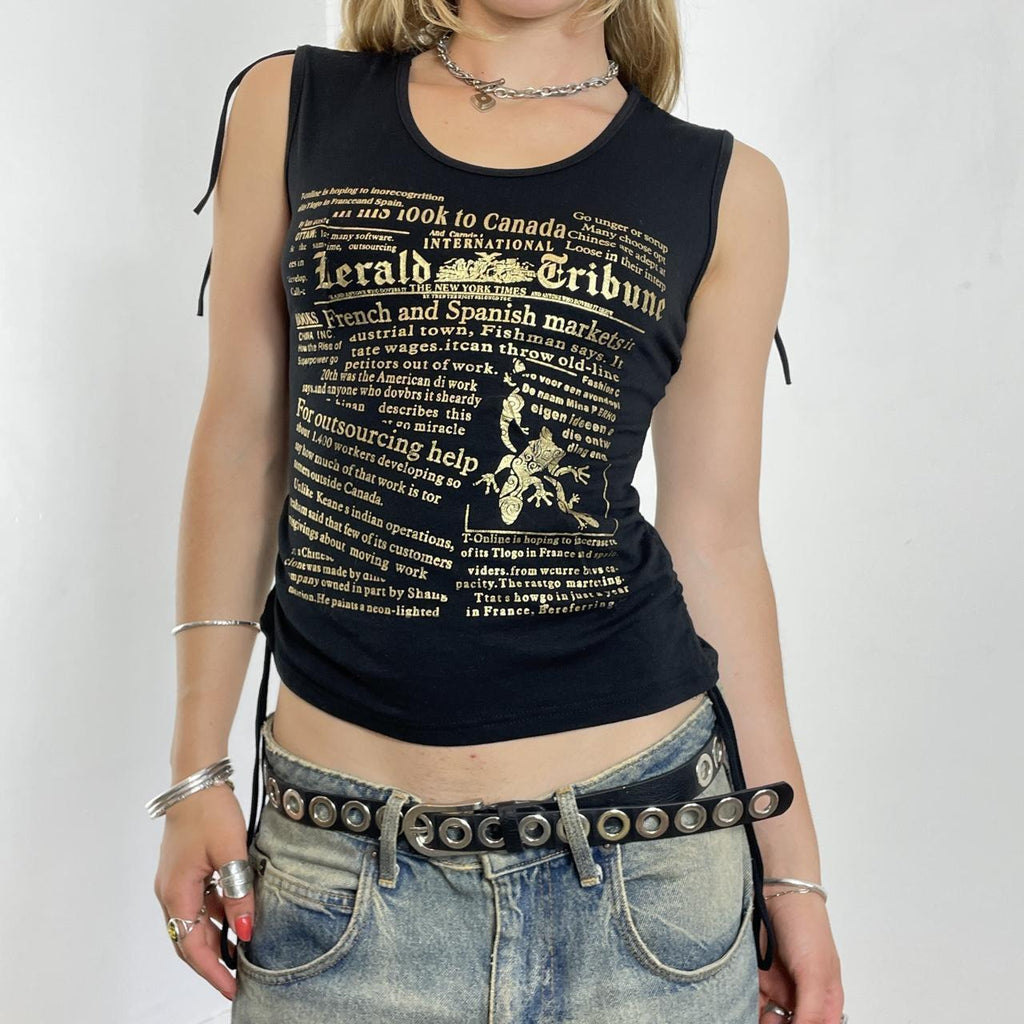 y2k Black and gold graphic tank top with adjustable straps