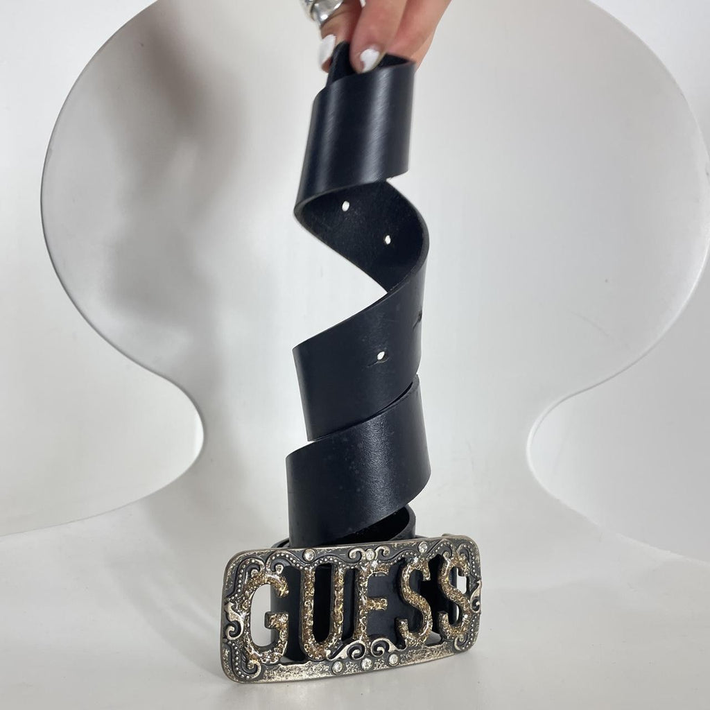 Guess silver chunky black leather belt