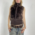 Brown fluffy ribbed fitted gillet zip up top
