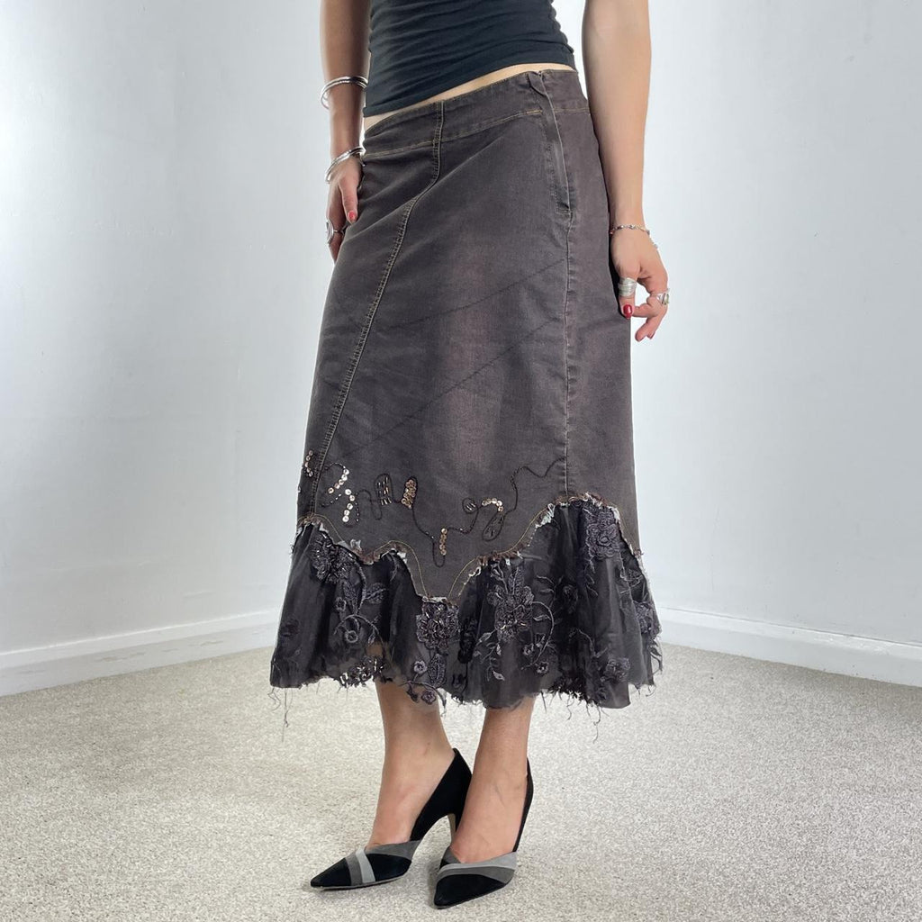 Vintage purple denim maxi skirt with embroided sequin mesh details at the bottom