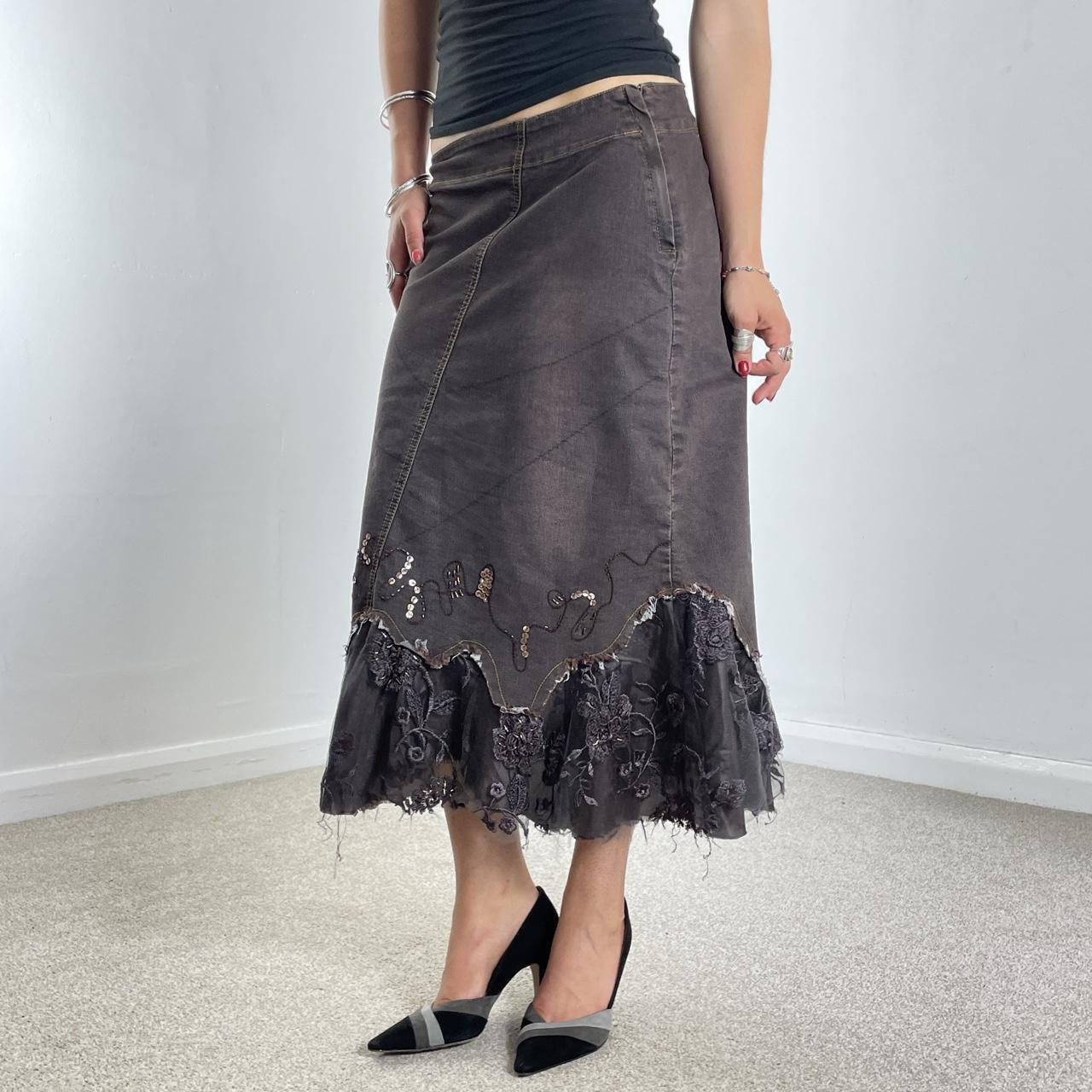 Vintage purple denim maxi skirt with embroided sequin mesh details at the bottom