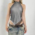 White and mesh sequined dimond turle neck top, ties up at the back, can be worn in a few ways