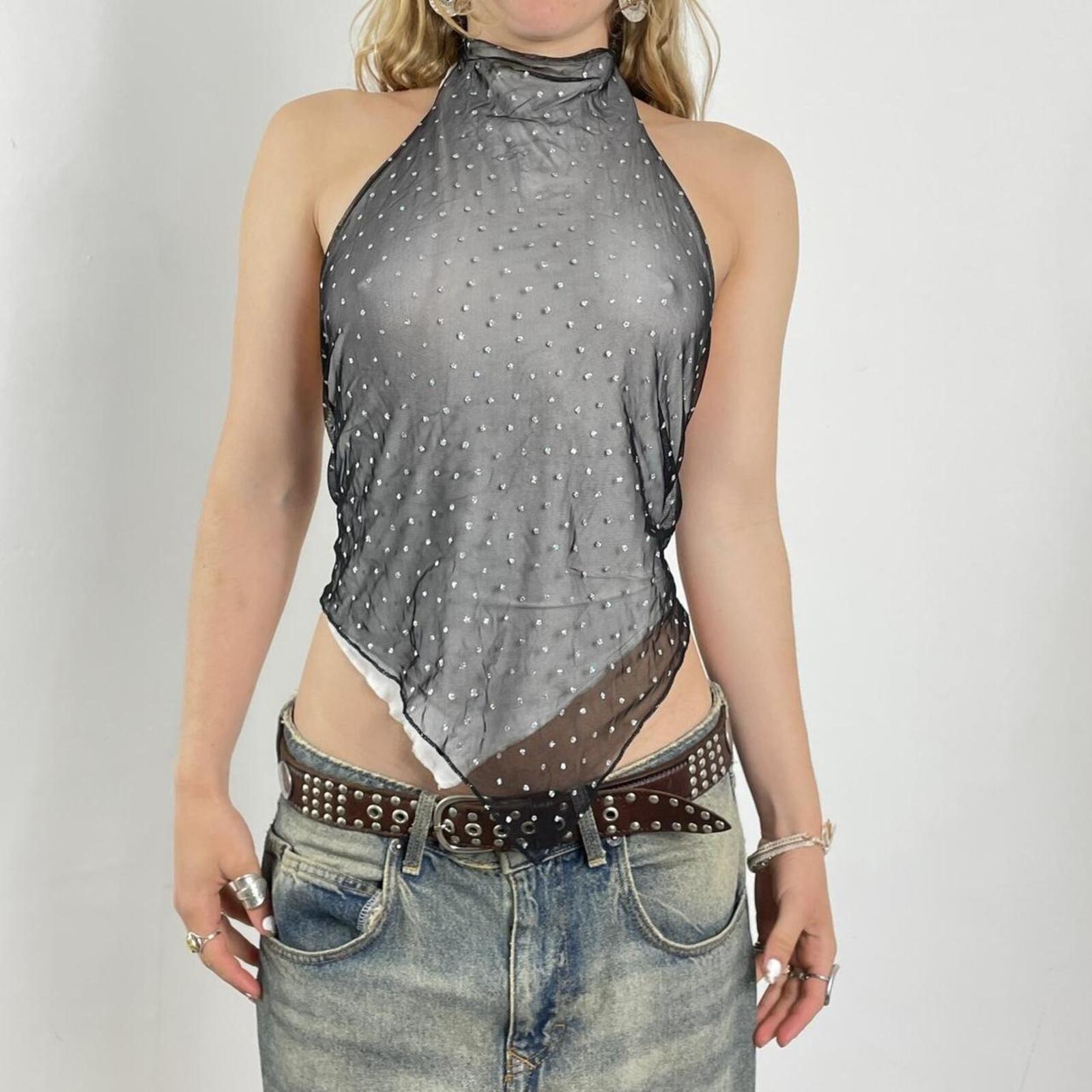 White and mesh sequined dimond turle neck top, ties up at the back, can be worn in a few ways
