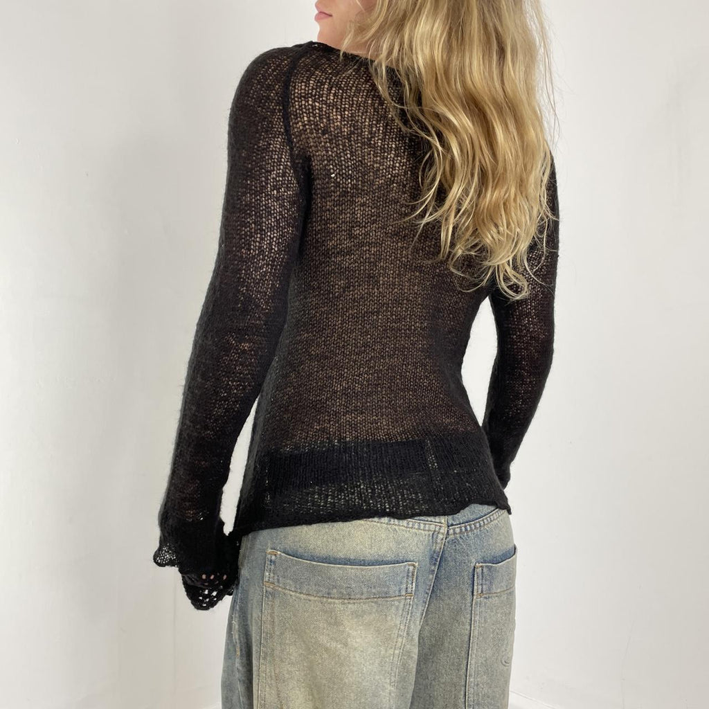 Black wool avant-garde flared long-sleeve top/jumper