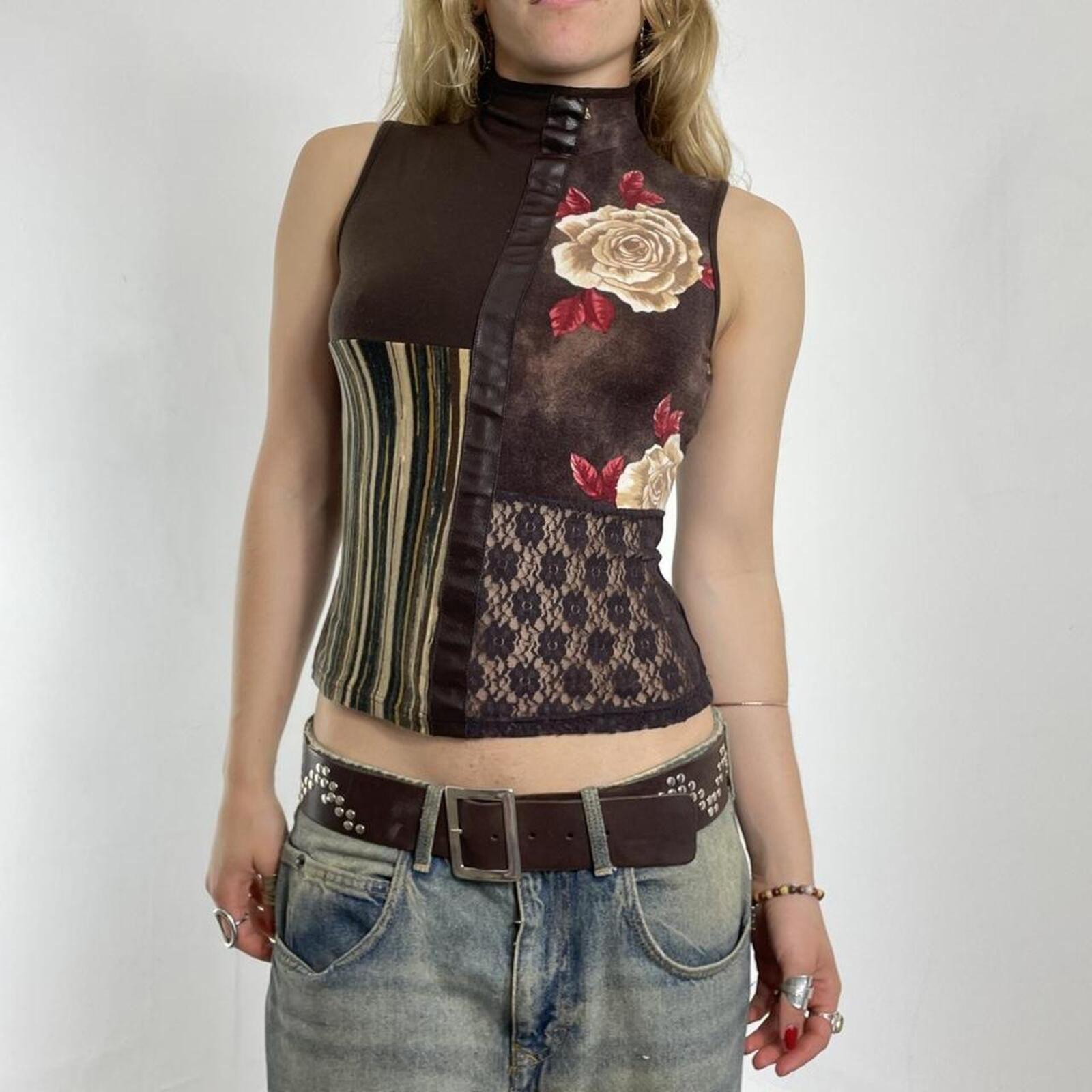 Brown panelled lace, floral turtle neck top