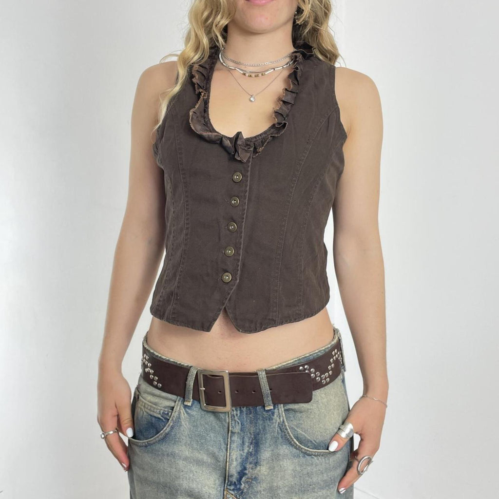 Brown denim button up waistcoat with ruffles at the neckline