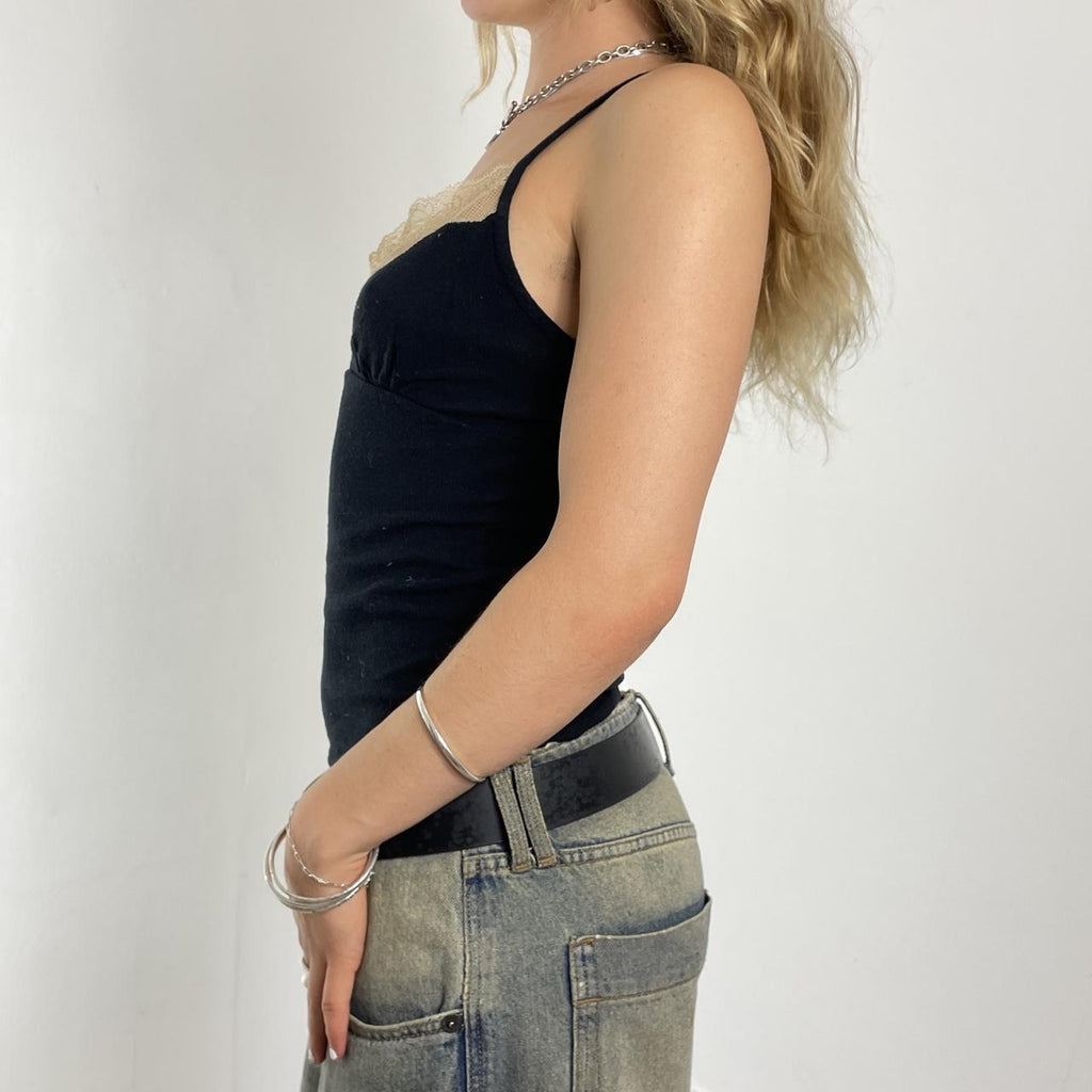 black cotton cami top with cream lace