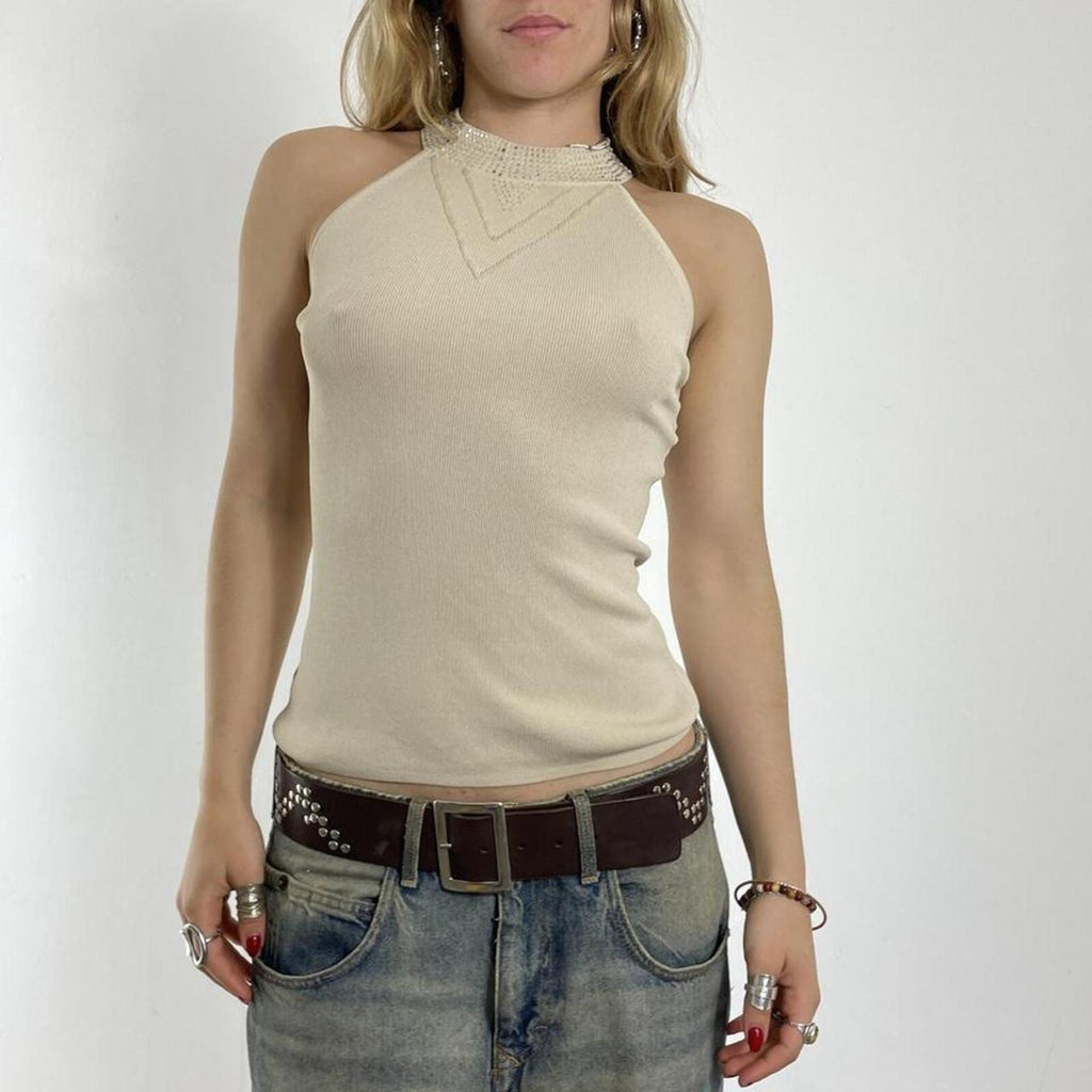 Beige fitted ribbed halter neck top with rhinestones