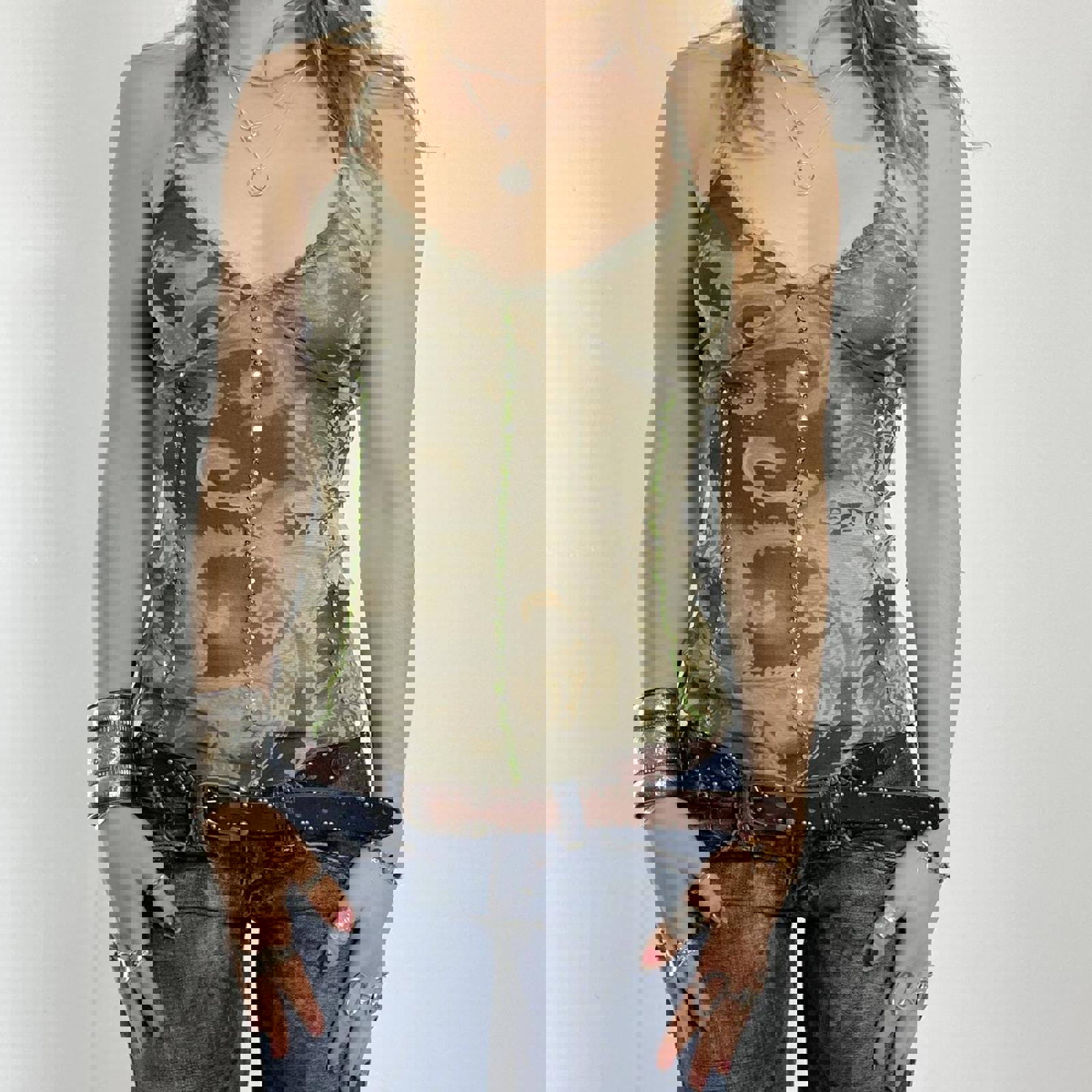 00's kahki mesh low cut cami with green sequin embroided stripes