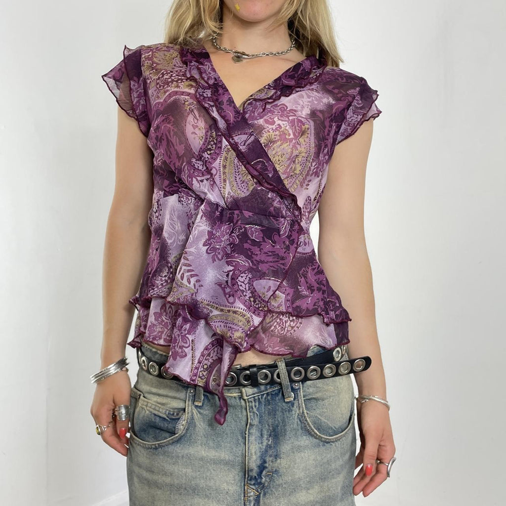 Purple mesh bohemian paisley ruffled v neck top