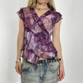 Purple mesh bohemian paisley ruffled v neck top