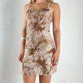 brown and cream tie dye mini dress with a lettuce hem and a cross back