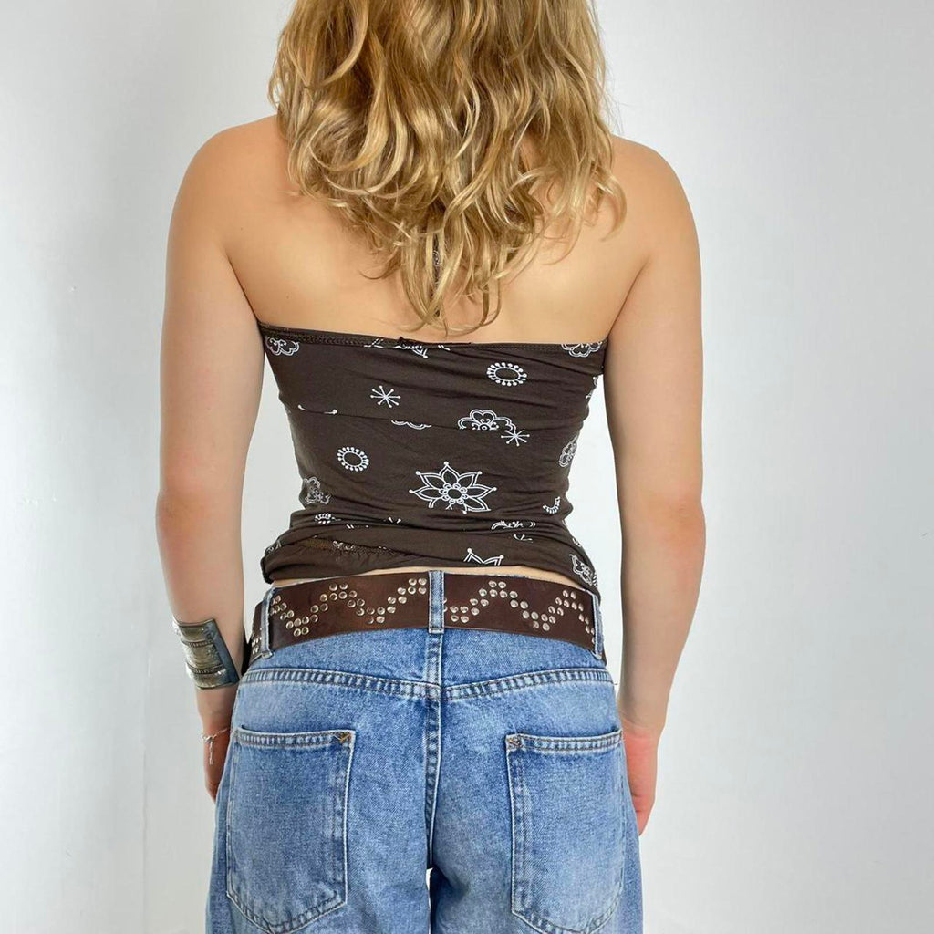 Y2k brown patterend cross/ tie up cammi top