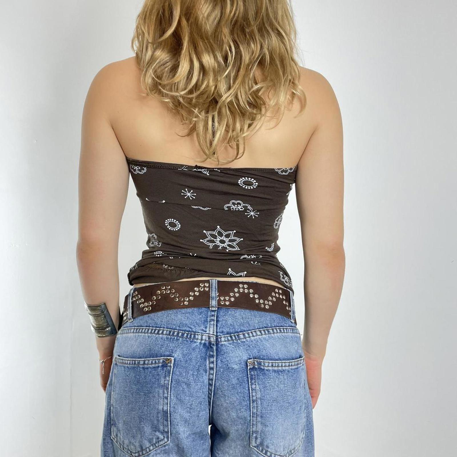 Y2k brown patterend cross/ tie up cammi top