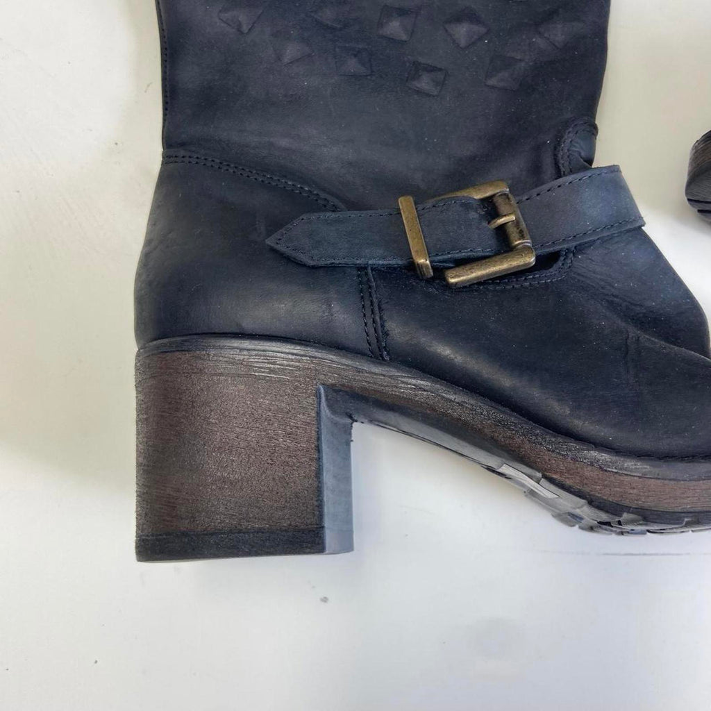 Black leather knee-high boots with buckles and studs!