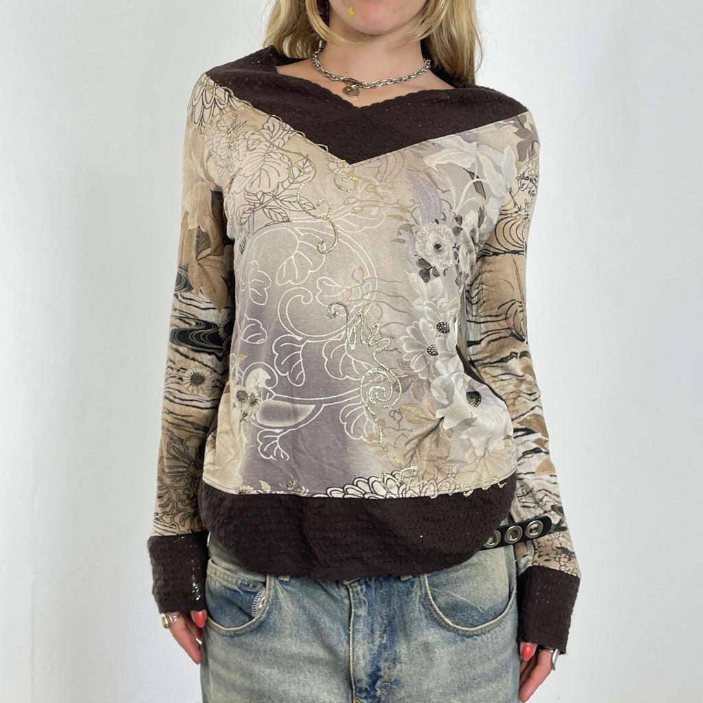 Brown and tan vintage patterned long sleeve top with wool sleeves