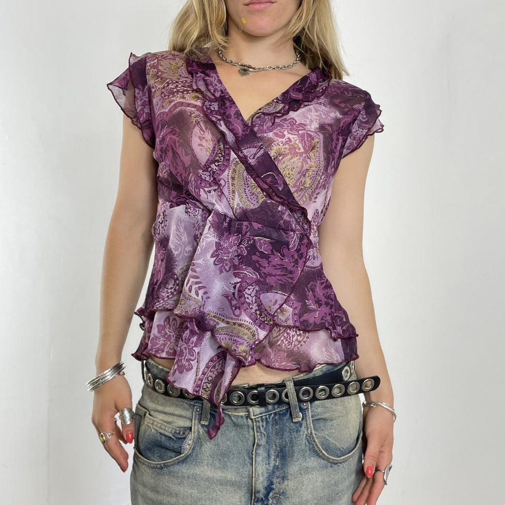 Purple mesh bohemian paisley ruffled v neck top