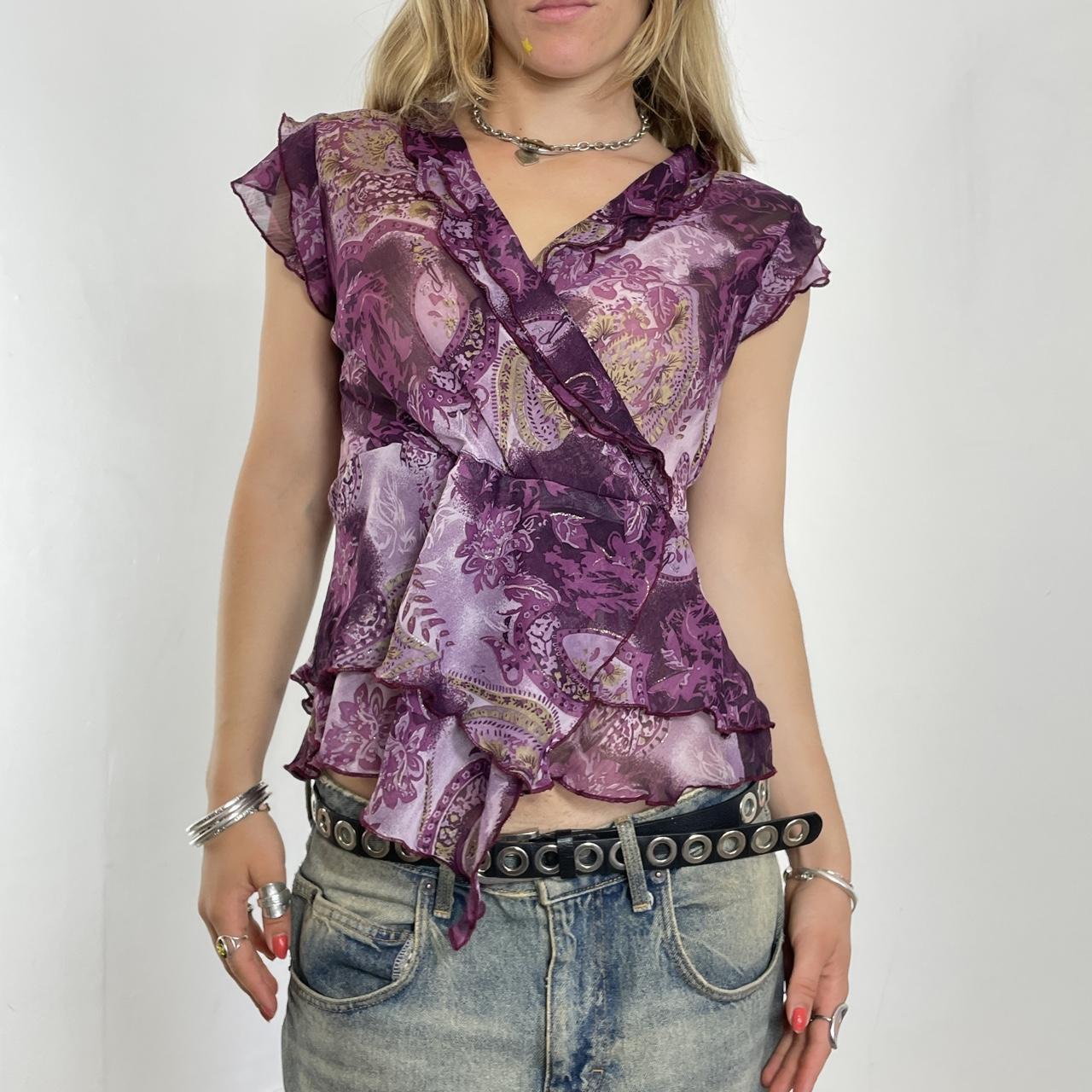Purple mesh bohemian paisley ruffled v neck top