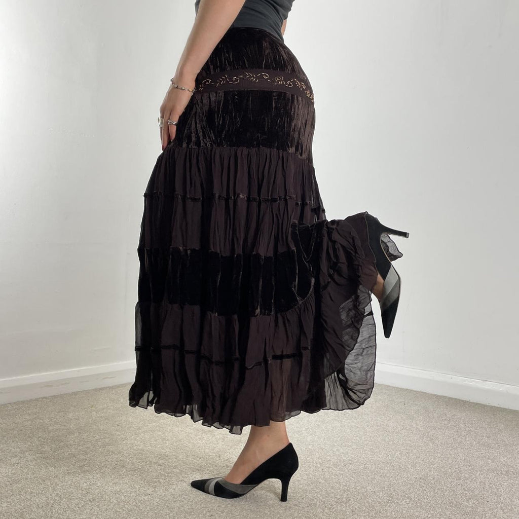 Tiered brown flowy lace and velvet maxi skirt