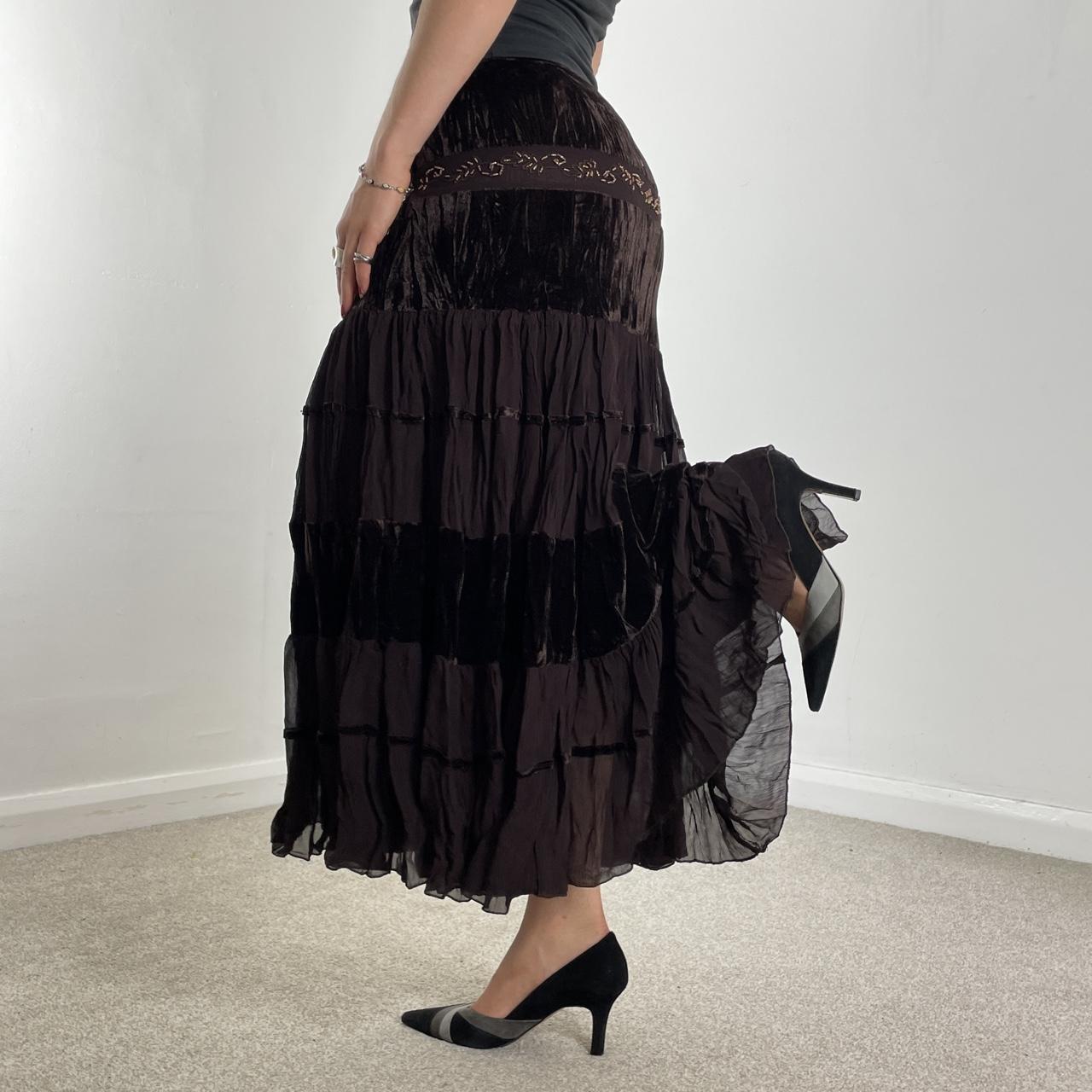 Tiered brown flowy lace and velvet maxi skirt