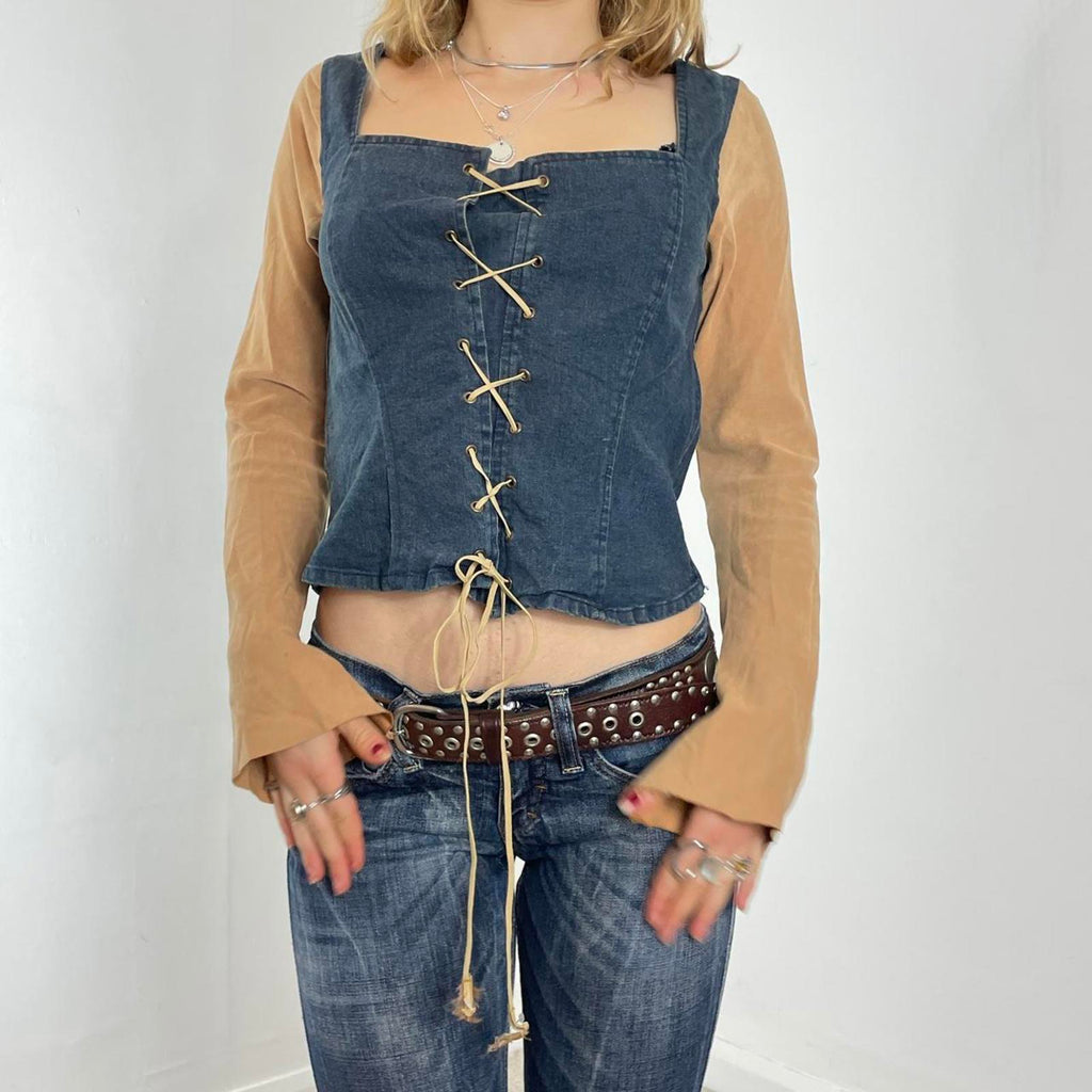 Denim and suede mustard long sleeve tie up top