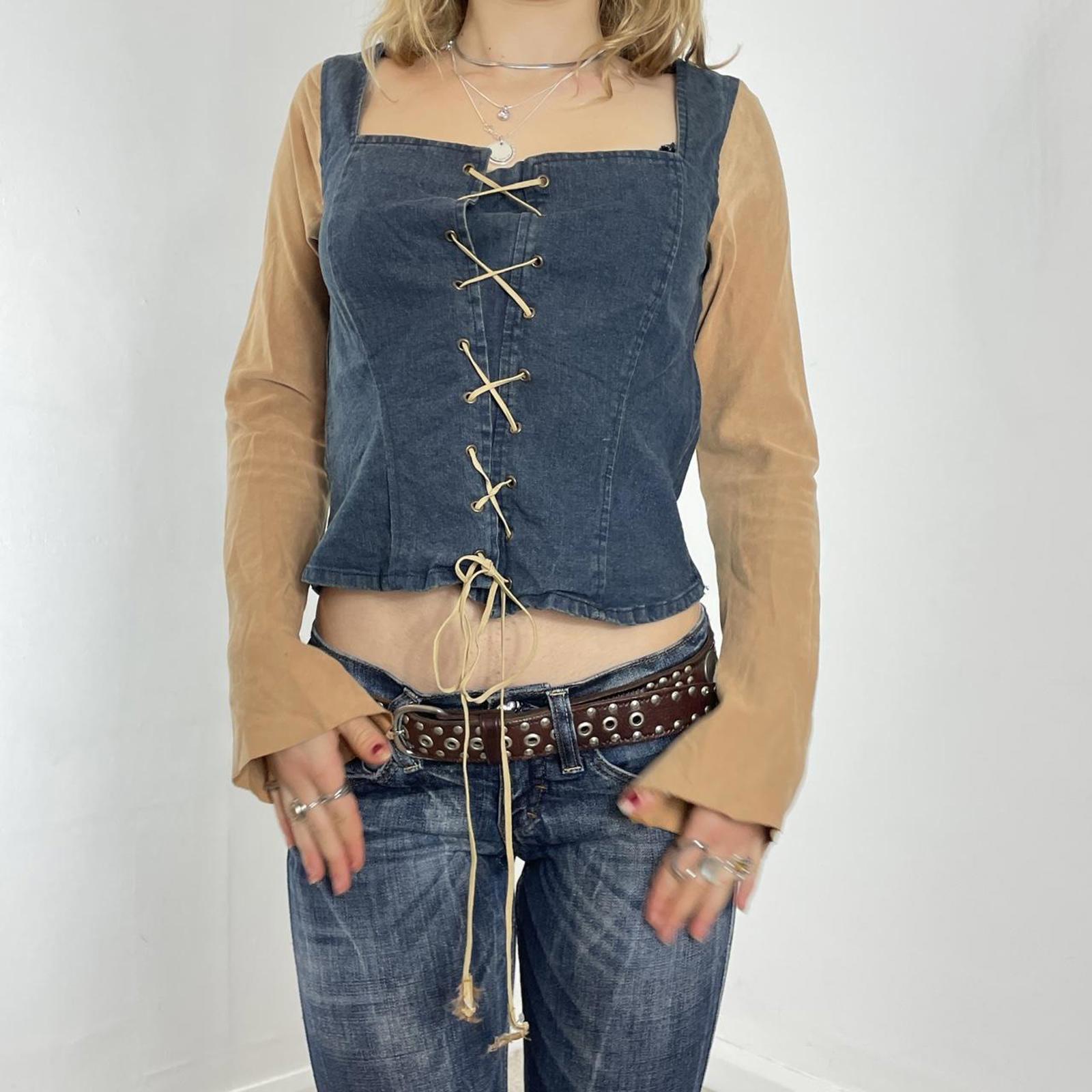 Denim and suede mustard long sleeve tie up top