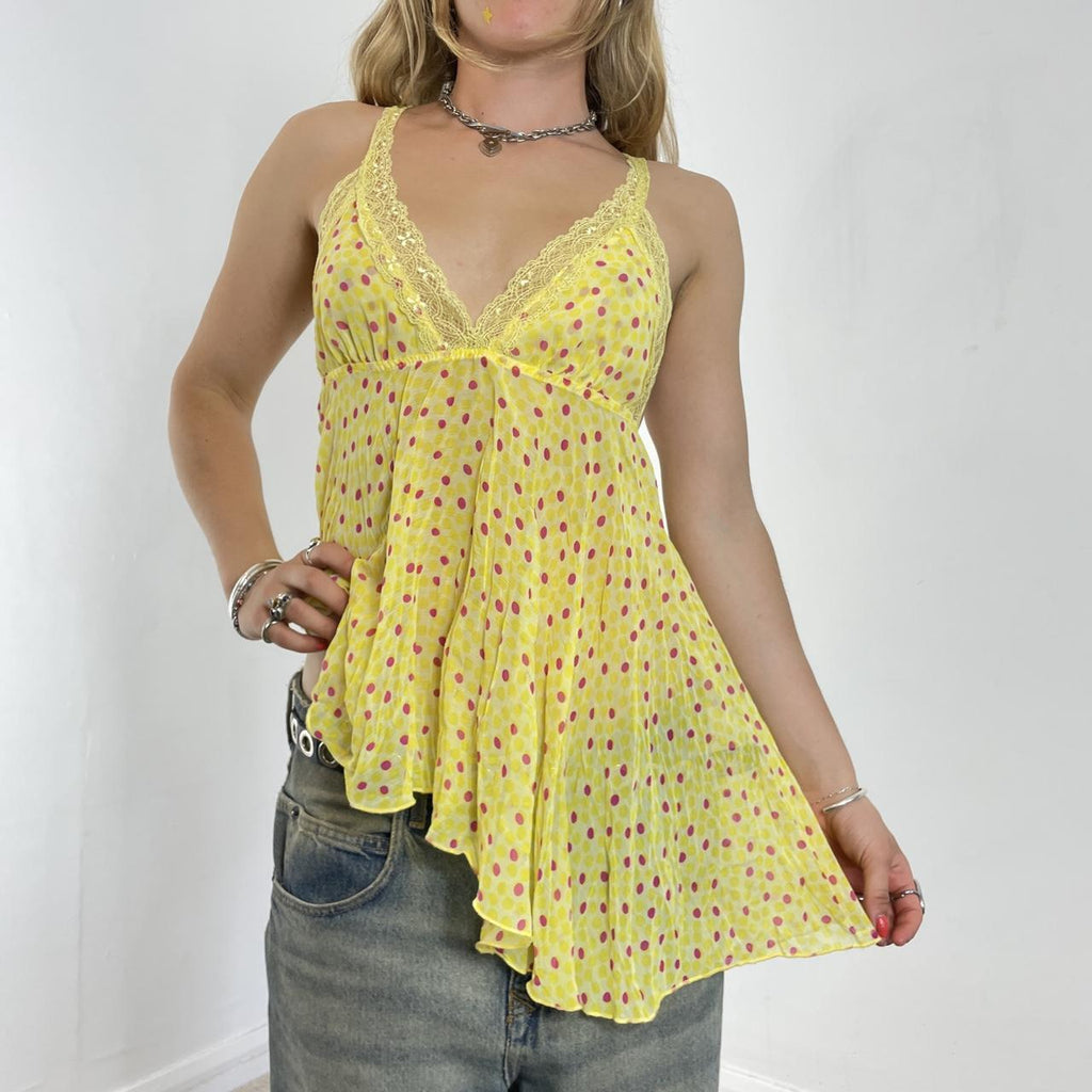 y2k asymetrical yellow and red polka dotted lace cami top