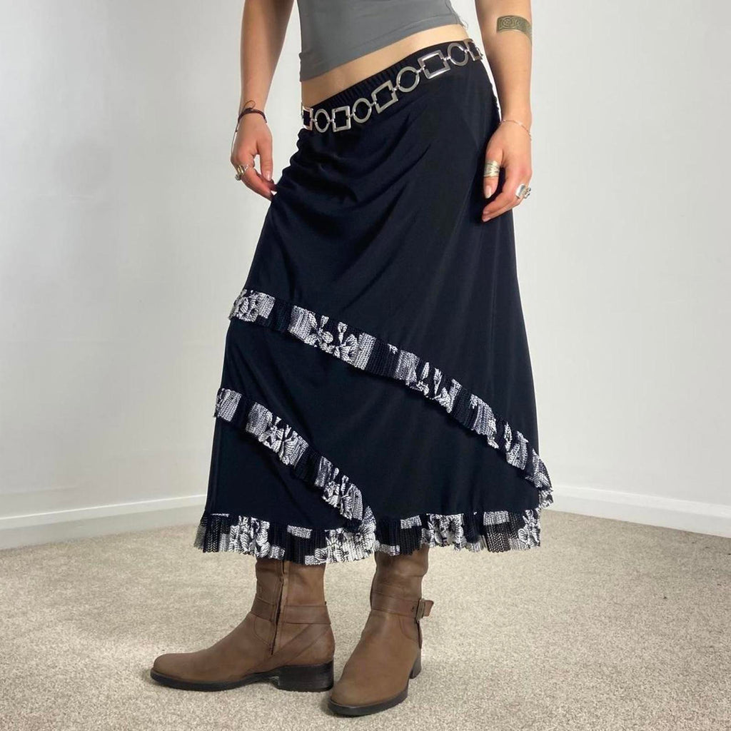 Vintage black and white maxi skirt with a floral white wrap around lettuce hem!
