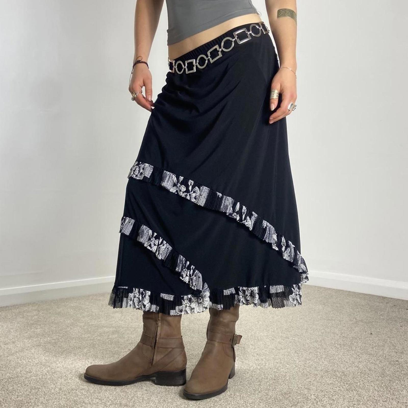 Vintage black and white maxi skirt with a floral white wrap around lettuce hem!