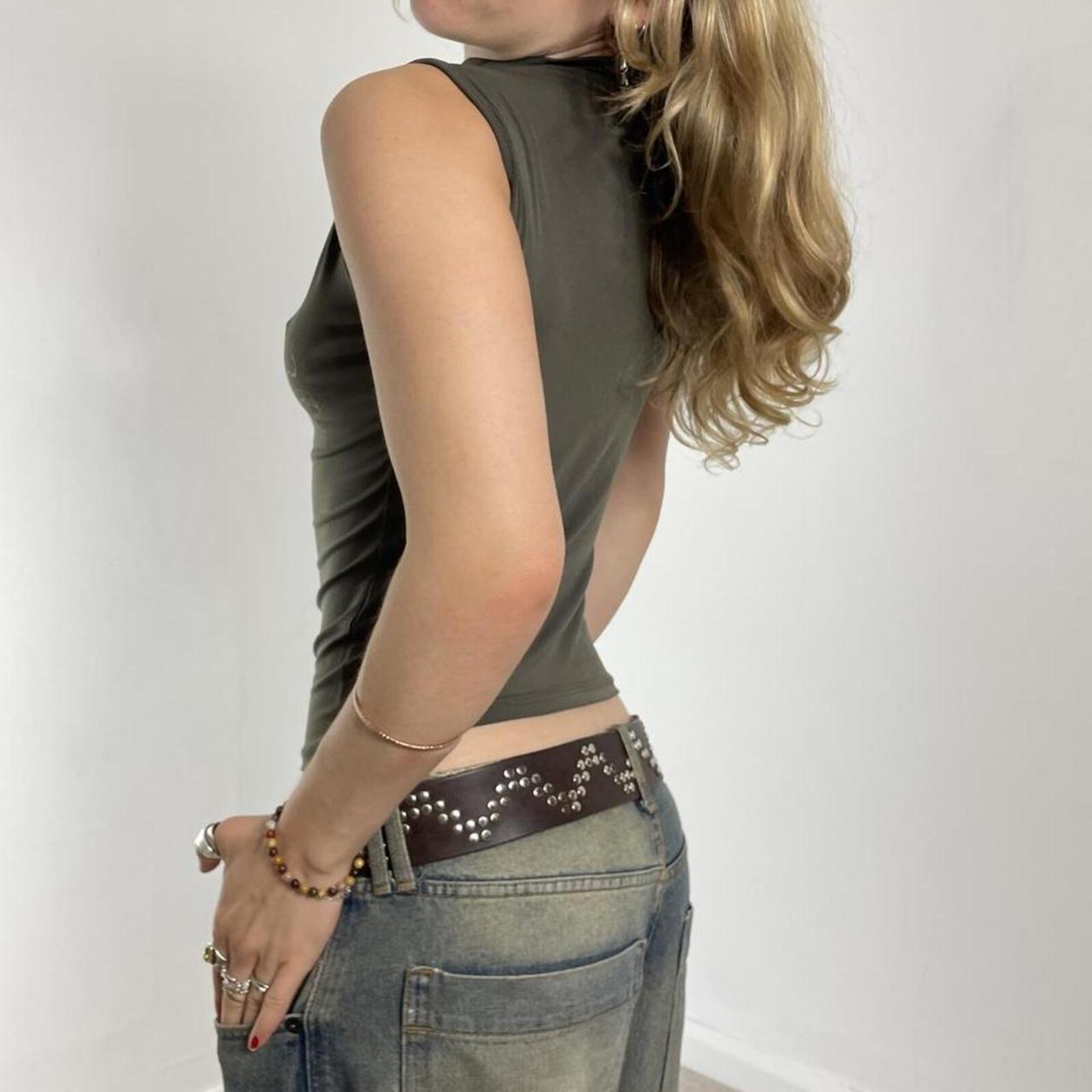 Kahki and gold graphich turtle neck top