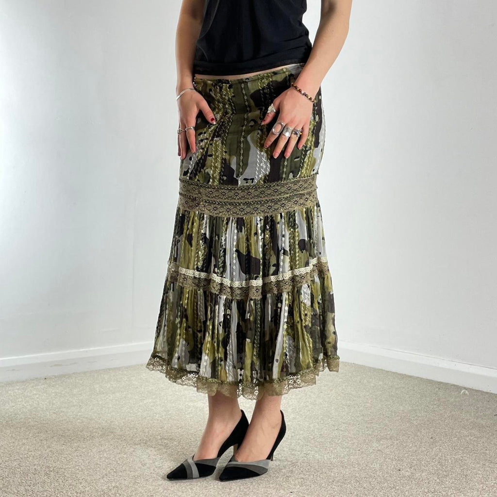 Bohemian green lace and mesh layred maxi skirt