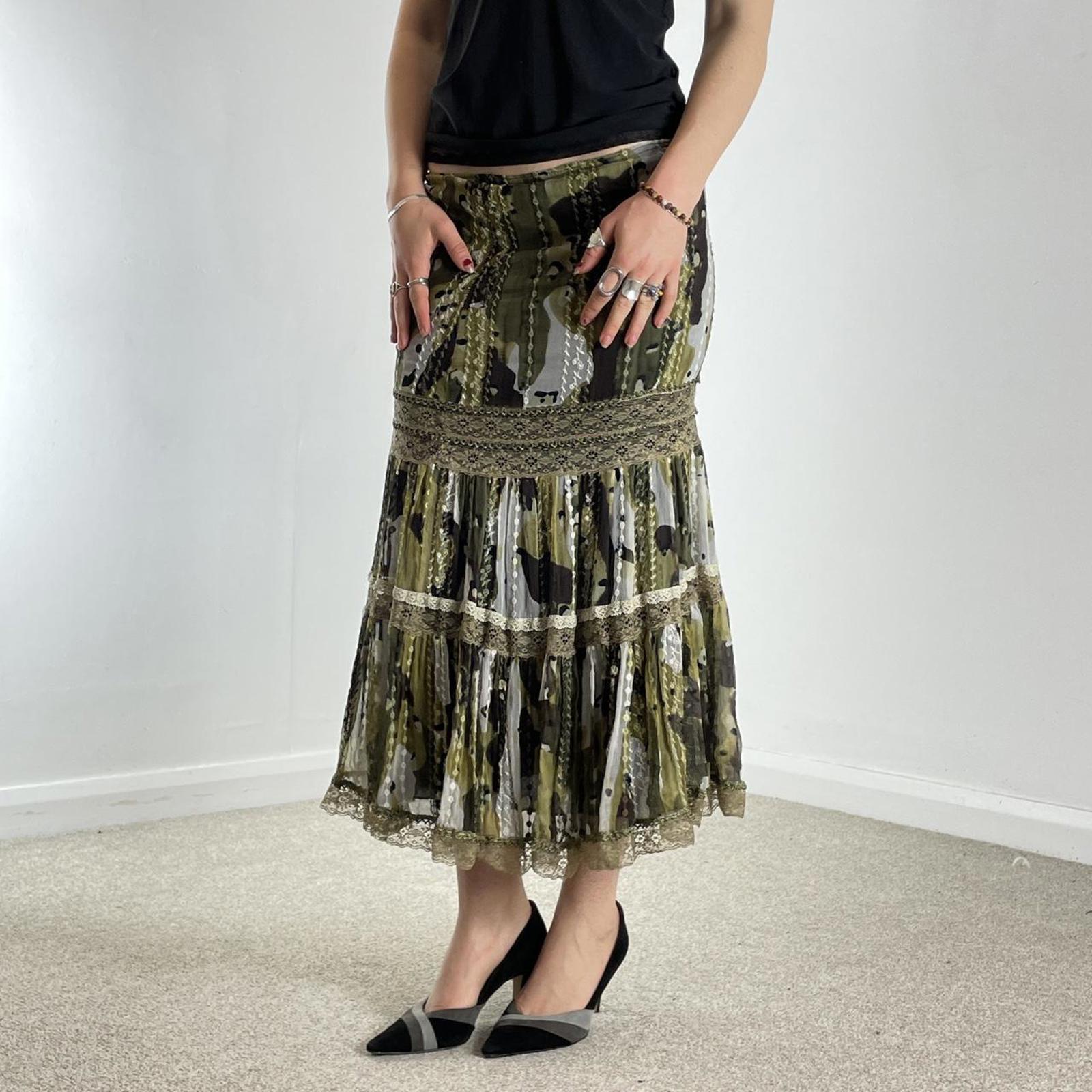 Bohemian green lace and mesh layred maxi skirt