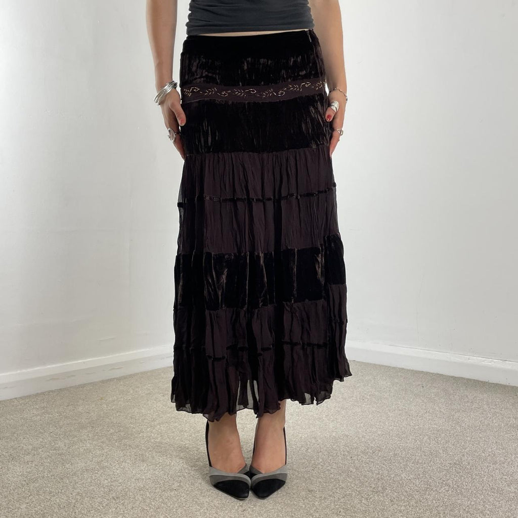 Tiered brown flowy lace and velvet maxi skirt