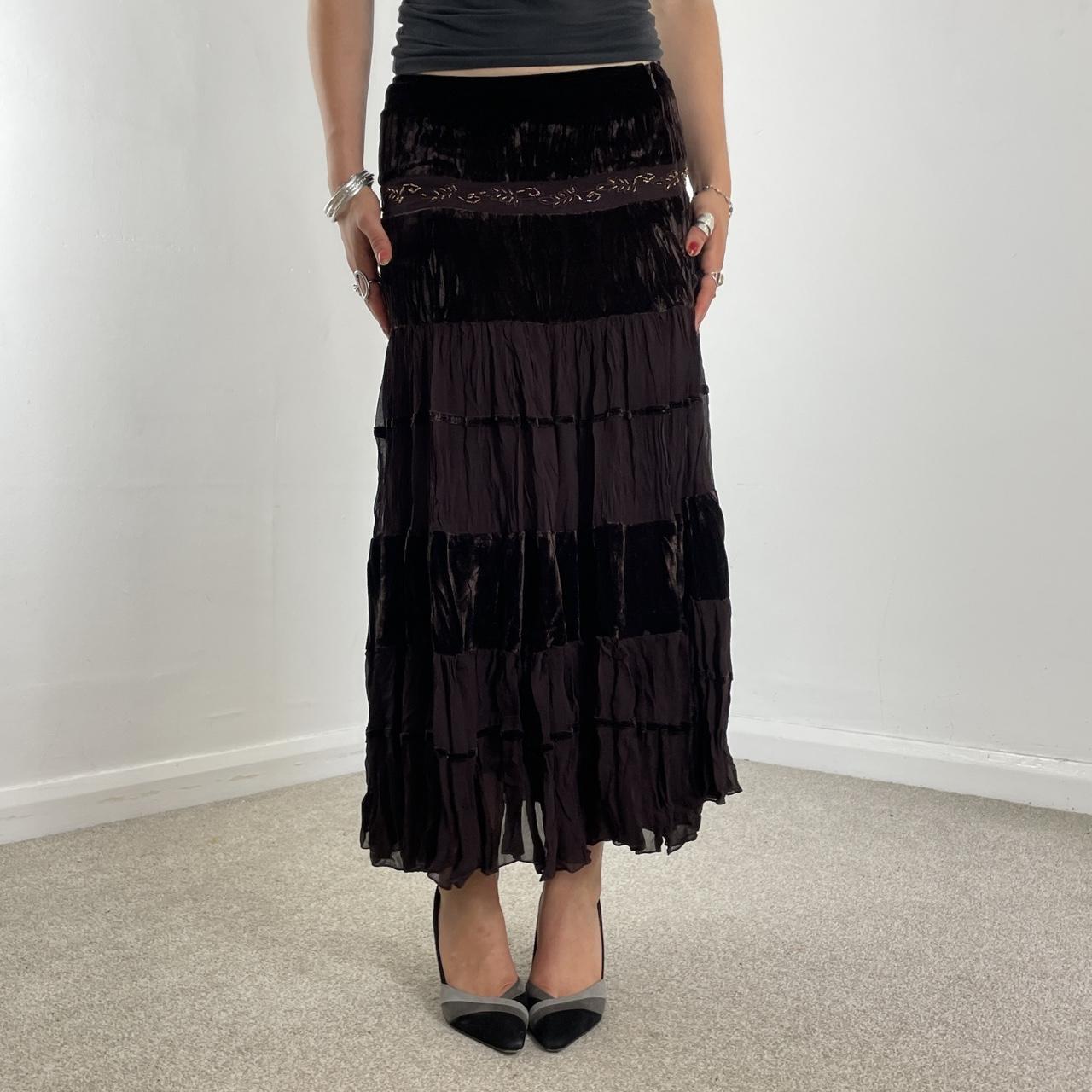 Tiered brown flowy lace and velvet maxi skirt