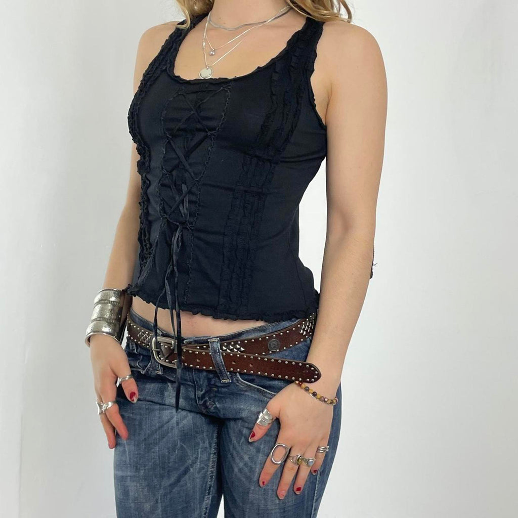 Bohemian lace up soft tank top with a lettuce trim neckline