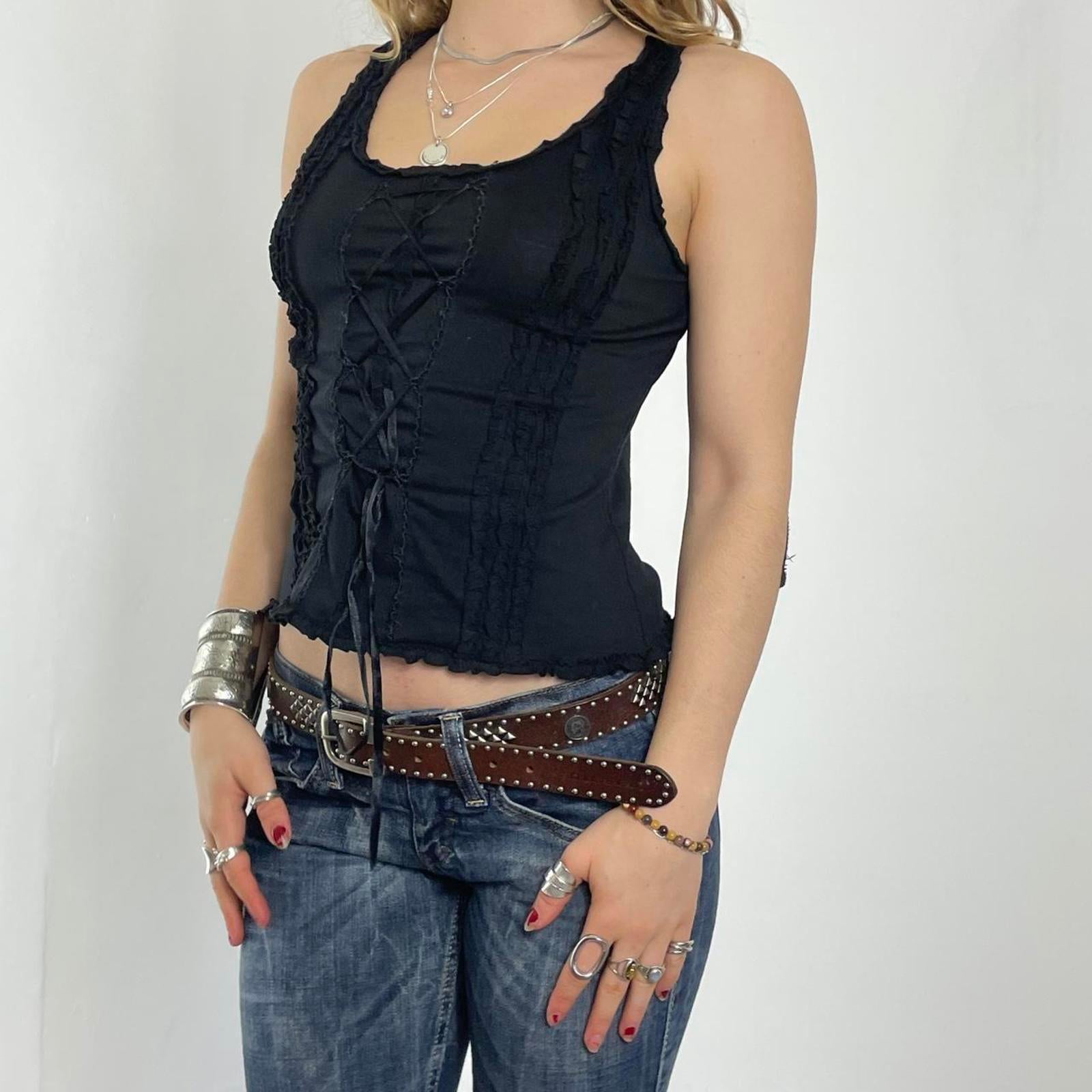 Bohemian lace up soft tank top with a lettuce trim neckline