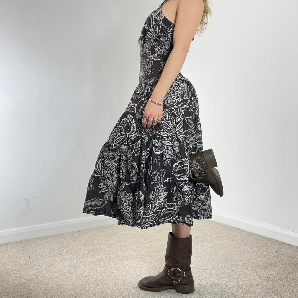Vintage floral full length halter neck brown and white dress