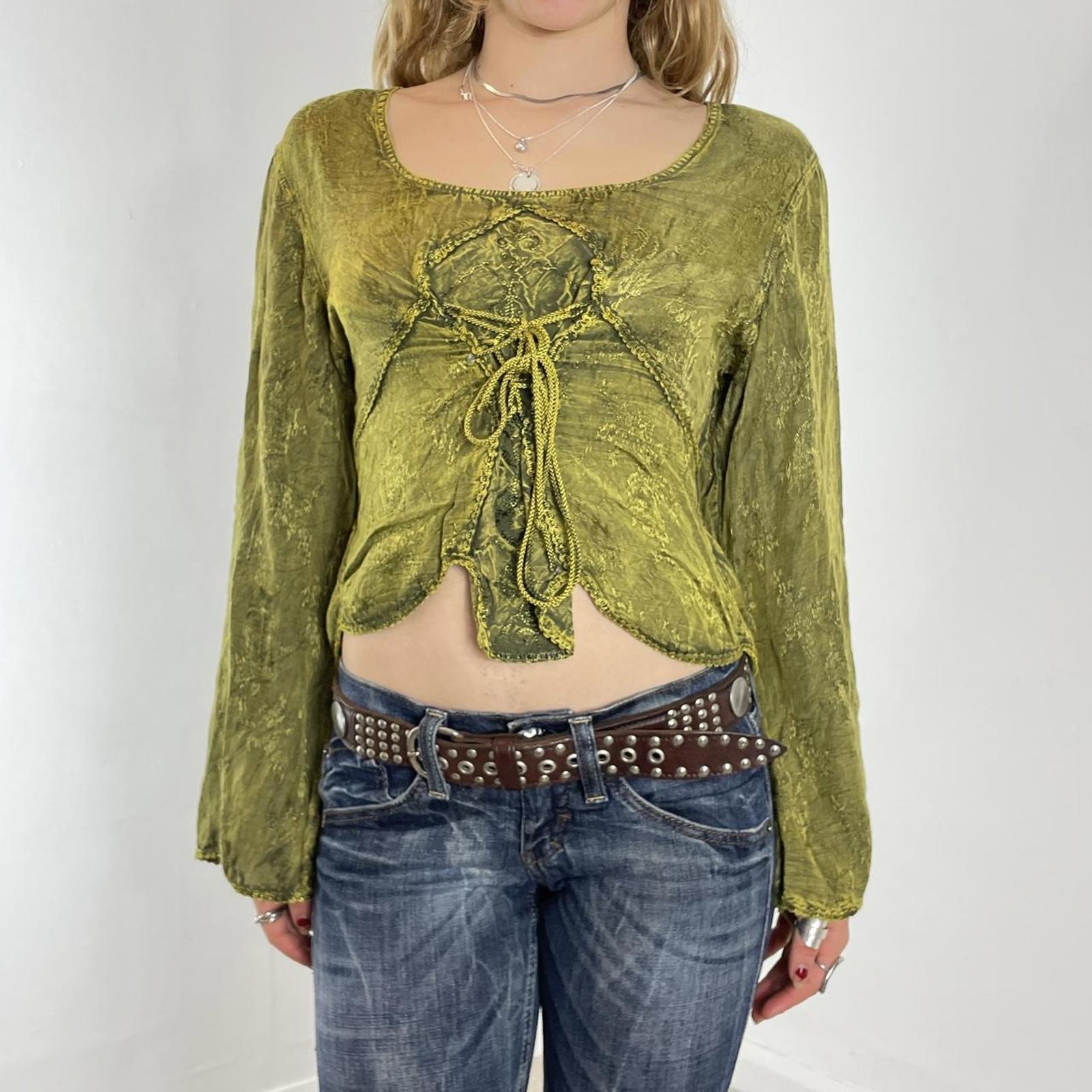 Vintage kahki green flared sleeve embelished whimsical lace up top