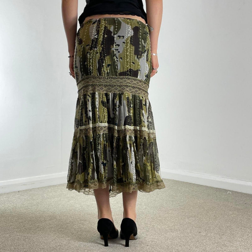 Bohemian green lace and mesh layred maxi skirt