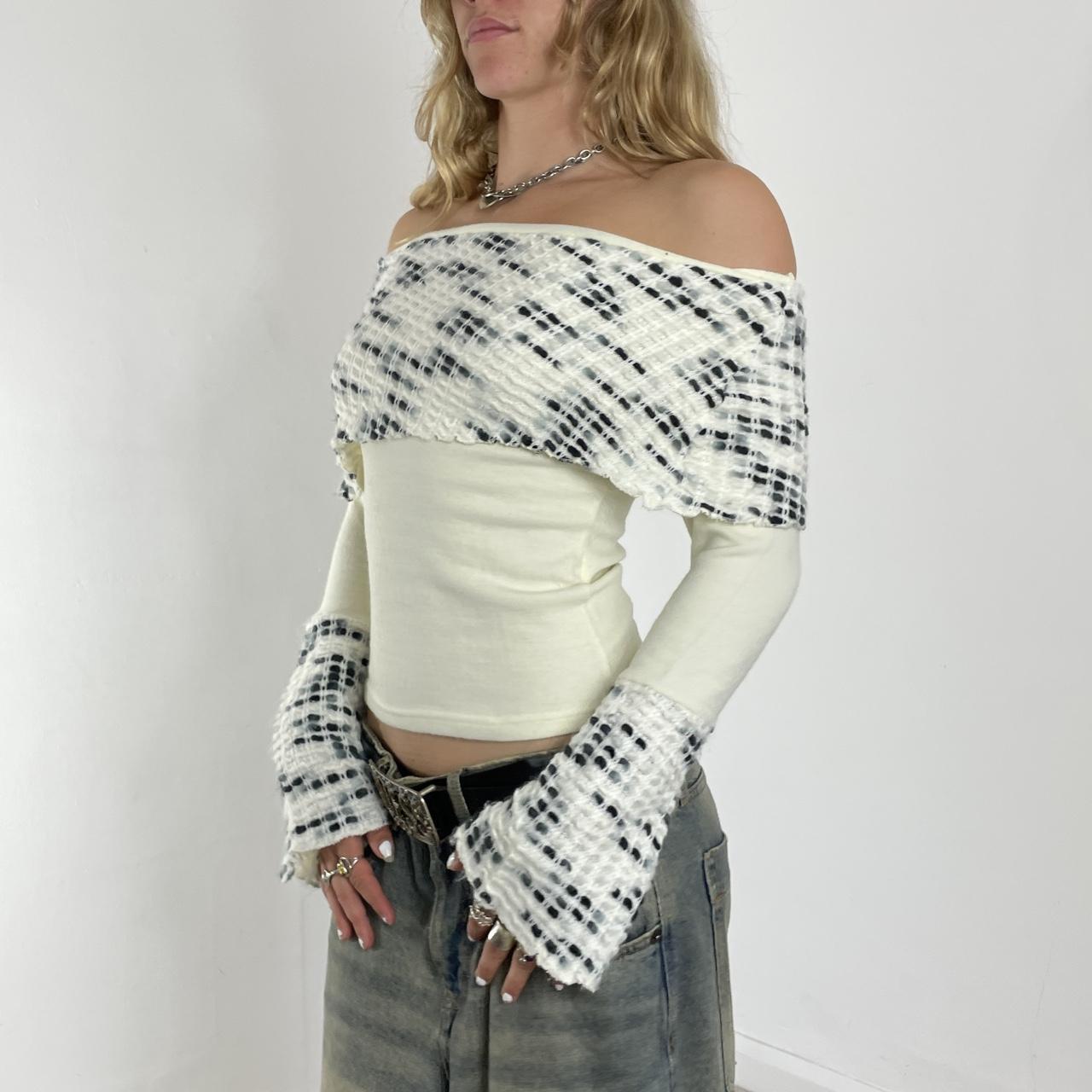 White and black vintage off-the-shoulder knit long-sleeve top