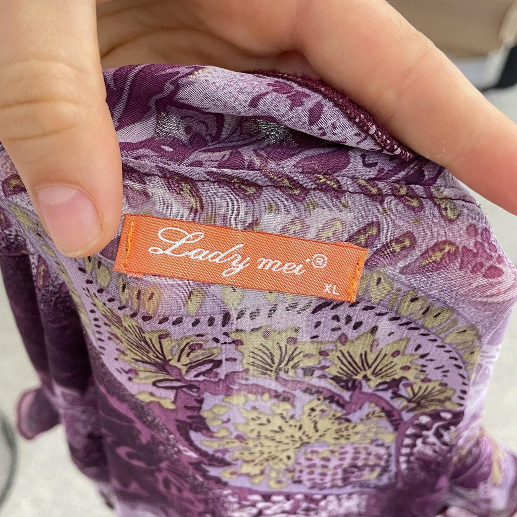 Purple mesh bohemian paisley ruffled v neck top