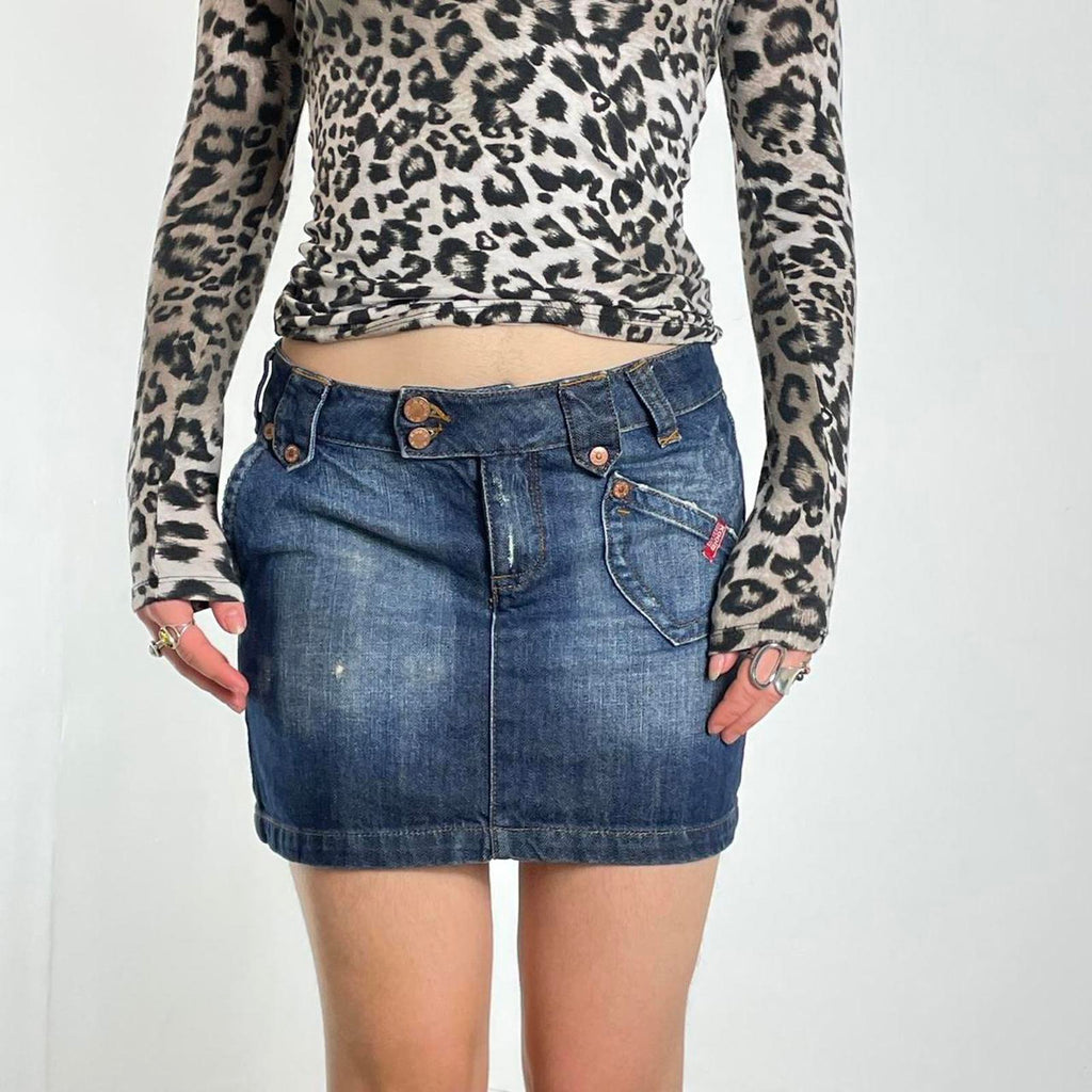 Y2k denim navy stone washed mini skirt with cool patch on the back